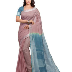 Tumbleweed Tan & Cerulean Blue women's Bhagalpuri Handloom Linen Slub Blend Two Dye Saree With Running Unstitched Blouse Piece