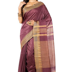 Burgundy women's Bhagalpuri Handloom Kota Silk Temple Border Saree And Variation Of Colors With Striped Blouse Piece
