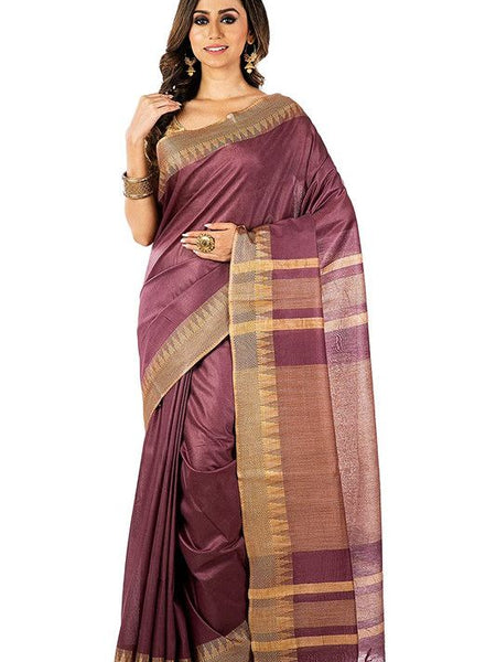 Burgundy women's Bhagalpuri Handloom Kota Silk Temple Border Saree And Variation Of Colors With Striped Blouse Piece
