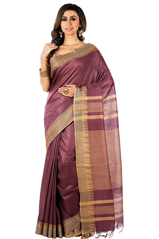 Burgundy women's Bhagalpuri Handloom Kota Silk Temple Border Saree And Variation Of Colors With Striped Blouse Piece