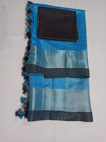 Cyan-Black women's Handloom Bhagalpuri Cotton Linen Blend Saree Ethnic Wear With Contrast Unstitched Blouse Piece - View 4