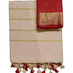 Beige-Red women's Handloom Bhagalpuri Cotton Linen Blend Saree Ethnic Wear With Contrast Unstitched Free Blouse Piece - View 3