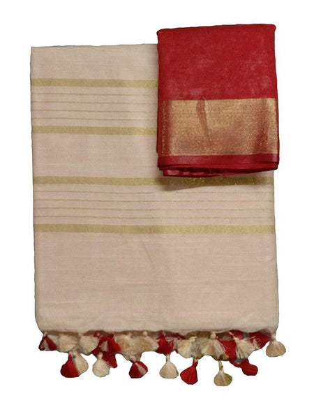 Beige-Red women's Handloom Bhagalpuri Cotton Linen Blend Saree Ethnic Wear With Contrast Unstitched Free Blouse Piece - View 3