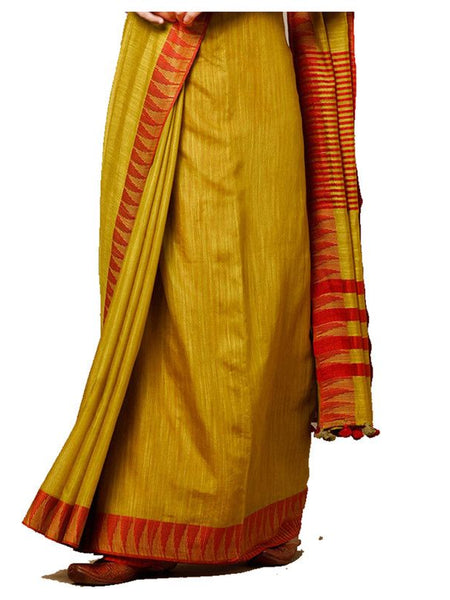 Gamboge Yellow women's Bhagalpuri Handloom Kota Silk Temple Border Saree And Variation Of Colors With Striped Blouse Piece - View 3