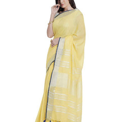 Daisy Yellow women's Bhagalpuri Handloom Cotton Linen Blend Saree With Contrast Unstiched Blouse Piece - View 3