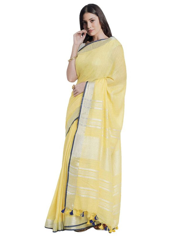 Daisy Yellow women's Bhagalpuri Handloom Cotton Linen Blend Saree With Contrast Unstiched Blouse Piece - View 3