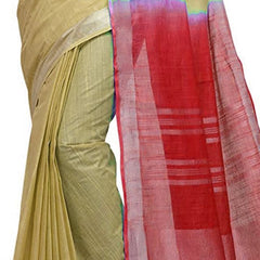 Buff Brown & Red women's Bhagalpuri Handloom Linen Slub Blend Two Dye Saree With Running Unstitched Blouse Piece - View 4