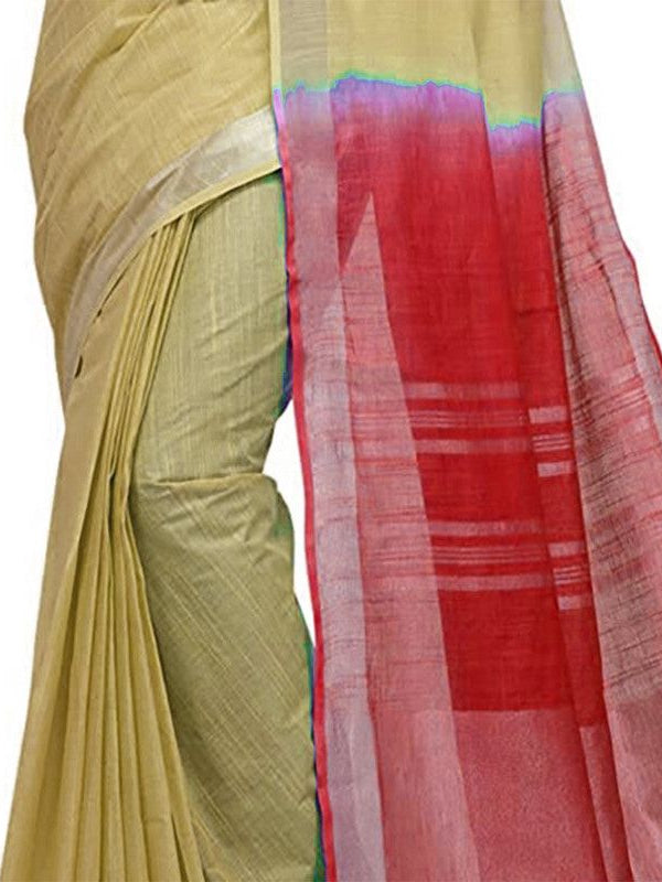 Buff Brown & Red women's Bhagalpuri Handloom Linen Slub Blend Two Dye Saree With Running Unstitched Blouse Piece - View 4