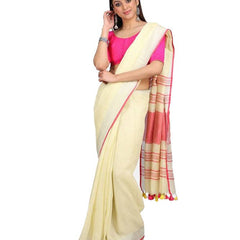 Handloom Linen Cotton Blend Contrast Pallu Bhagalpuri Saree for Women (Creame-Pink)