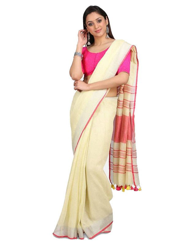 Handloom Linen Cotton Blend Contrast Pallu Bhagalpuri Saree for Women (Creame-Pink)