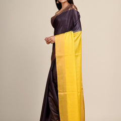 Coke Brown & Canary Yellow Bhaglpuri Munga Blend Handloom Tussar Saree with Blouse Piece - View 3