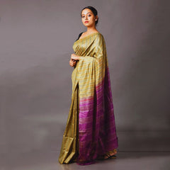 Semi Tussaqr Silk Handloom Bhagalpuri Striped Two Dye Saree (Tussock_Brown & Electric_Purple) - View 2