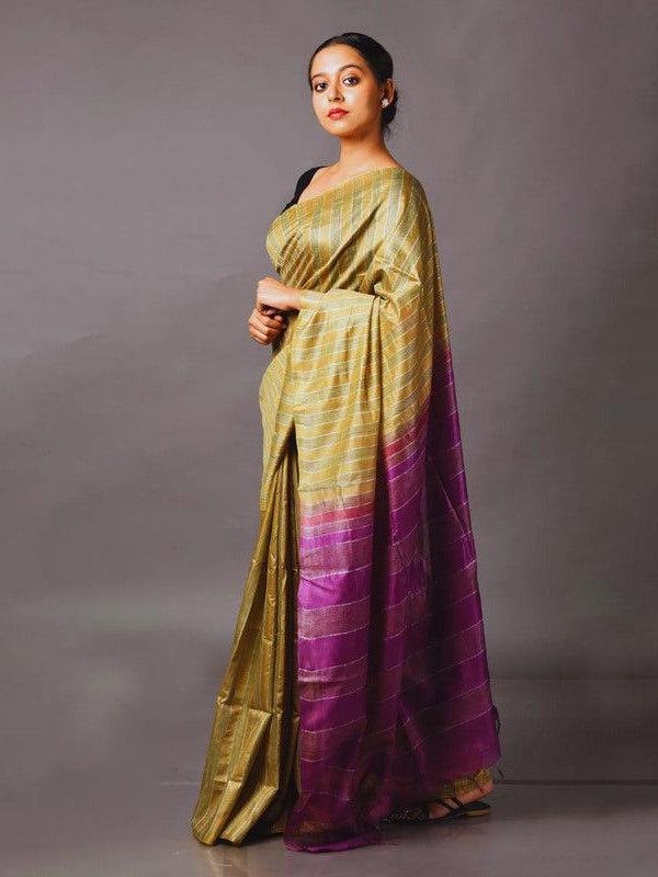 Semi Tussaqr Silk Handloom Bhagalpuri Striped Two Dye Saree (Tussock_Brown & Electric_Purple) - View 2