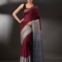 Semi Tussar Silk Handloom Two Dye Saree with Blouse Piece (Throns_Maroon & Troiet_Grey)