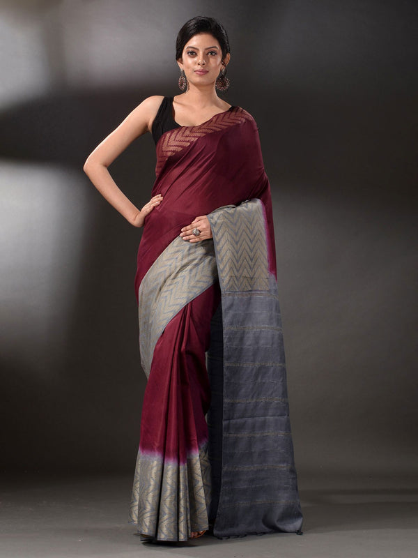 Semi Tussar Silk Handloom Two Dye Saree with Blouse Piece (Throns_Maroon & Troiet_Grey)