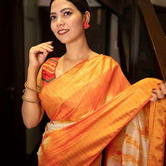 Sibory Handloom Bhagalpuri Silk Bandhani Dye Sequins Striped Saree (Yellowish_Orange) - View 7