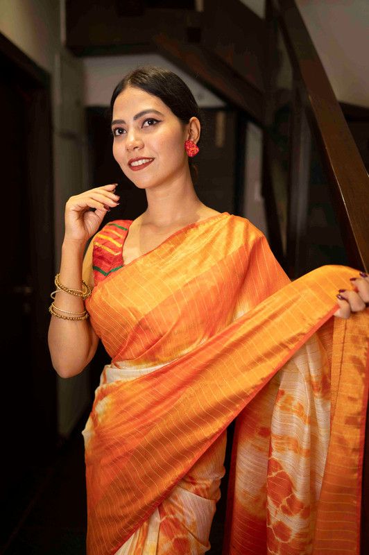 Sibory Handloom Bhagalpuri Silk Bandhani Dye Sequins Striped Saree (Yellowish_Orange) - View 7