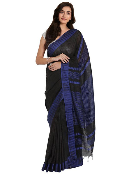 Bhagalpuri Handloom Katan Viscous Silk Temple Border Saree Ethnic Wear With Running Unstitched Striped Blouse Piece
