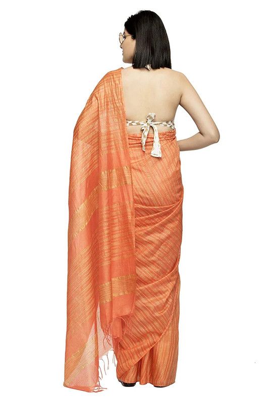 Striped Kota Silk Handloom Bhagalpuri Bollywood Saree (Terry_Orange) - View 5