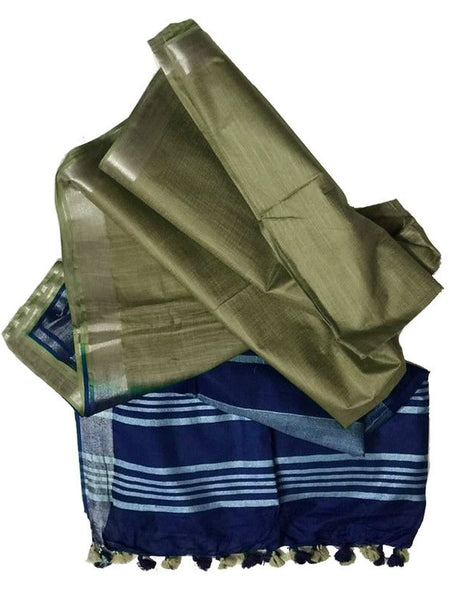 Royal Blue & Khaki Tan women's Bhagalpuri Ethnic Wear Handloom Cotton Linen Slub Blend Zari Border Two Dye Saree With Running Unstitched Blouse Piece - View 4