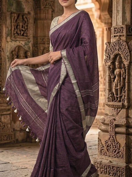 Handwoven Linen Blend Saree With Running Blouse Piece(Purple)