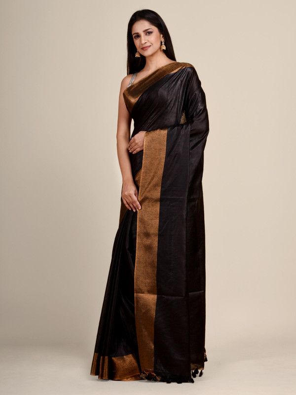 Bhaglpuri Handloom Tussar Silk Munga Blend Black Saree for women's - View 2