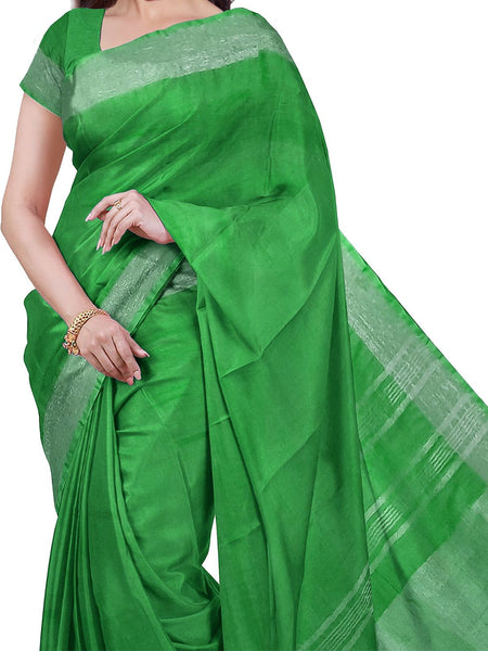 Pigment Green women's Bhagalpuri Handloom Cotton-Linen Blend Saree With Running Unstiched Blouse Piece - View 3