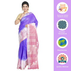 Slate Blue & Han Pink women's Bhagalpuri Handloom Cotton Linen Slub Blend Tie Two Dye (Sibory Two Dye) Saree With Running Unstitched Blouse Piece - View 2
