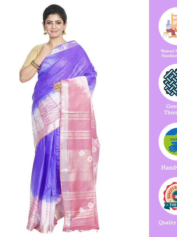 Slate Blue & Han Pink women's Bhagalpuri Handloom Cotton Linen Slub Blend Tie Two Dye (Sibory Two Dye) Saree With Running Unstitched Blouse Piece - View 2
