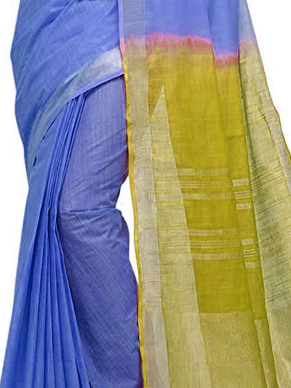 Neon Blue & Pear Green women's Bhagalpuri Handloom Linen Cotton Blend Two Dye Saree With Running Unstitched Blouse Piece - View 5