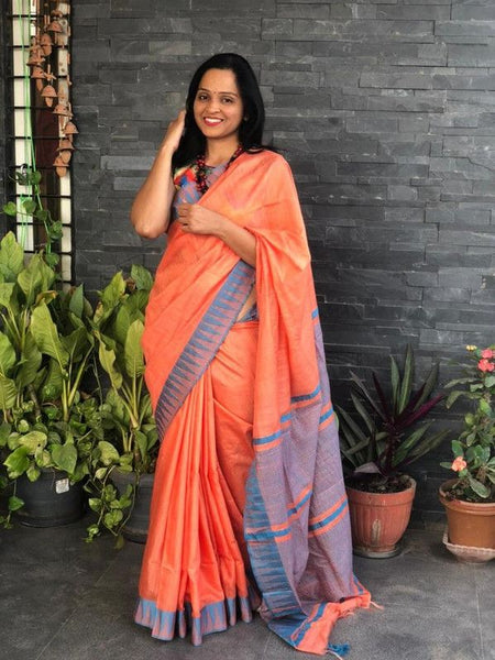 Bhagalpuri Handloom Kota Silk Temple Border Saree And Variation Of Colors With Striped Blouse Piece - View 3