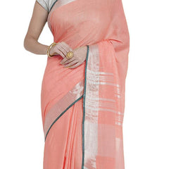Coral Pink women's Bhagalpuri Handloom Cotton Linen Blend Saree With Contrast Unstiched Blouse Piece - View 5
