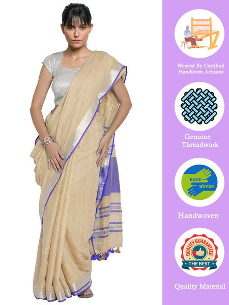 Vanilla Tan-Blue women's Bhagalpuri Handloom Cotton Linen Blend Contrast Pallu Saree And Unstitched Contrast Blouse Piece - View 2