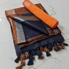 Handloom Bhagalpuri Linen Cotton Blend Contrast Border Saree for Women (Egyptian_Blue-Orange)