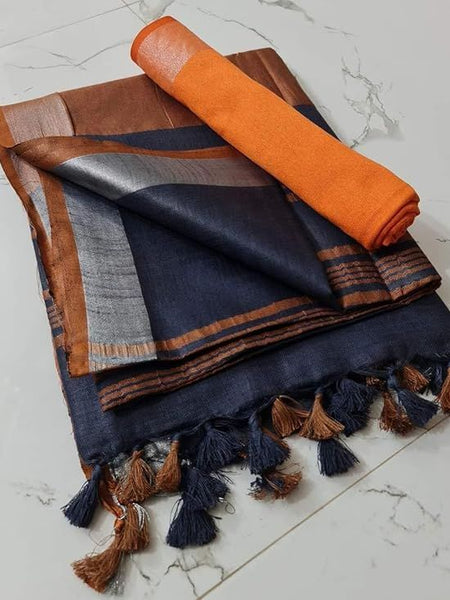 Handloom Bhagalpuri Linen Cotton Blend Contrast Border Saree for Women (Egyptian_Blue-Orange)