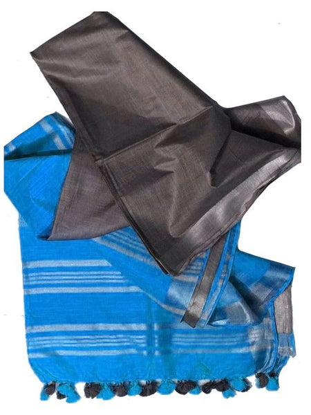 Grey & Cyan Bhagalpuri women's Ethnic Wear Handloom Cotton Zari Border Two Dye Saree With Running Unstitched Blouse Piece - View 2
