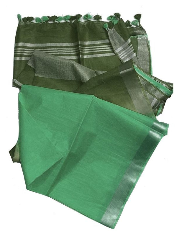 Fern Green & Mantis Green women's Bhagalpuri Ethnic Wear Handloom Cotton Linen Slub Blend Zari Border Two Dye Saree With Running Unstitched Blouse Piece