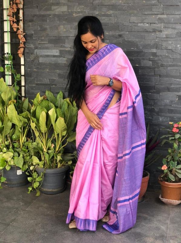 Carnation Pink women's Bhagalpuri Handloom Kota Silk Temple Border Saree And Variation Of Colors With Striped Blouse Piece - View 2