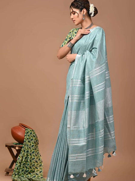 Linen Cotton Blend Handloom Bhagalpuri Saree with Zari Border (12800 Streamy_Cyan) - View 2