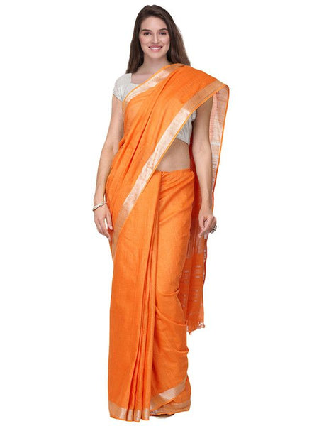 Orange women's Handloom Bhagalpuri Cotton Linen Slub Blend Zari Border Saree Ethnic Wear With Running Unstitched Blouse Piece