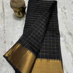 Cotton Silk Handloom Bhagalpuri Wide Border Check Saree (Gold-Black) - View 2