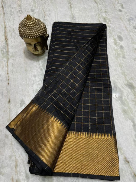 Cotton Silk Handloom Bhagalpuri Wide Border Check Saree (Gold-Black) - View 2