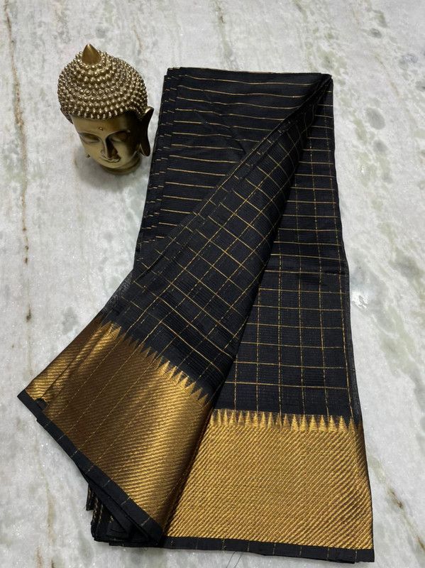 Cotton Silk Handloom Bhagalpuri Wide Border Check Saree (Gold-Black) - View 2