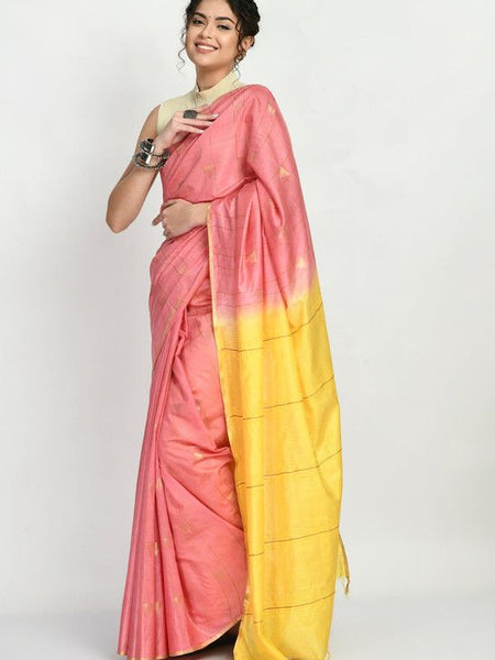 Handloom Semi Tussar Silk Bhagalpuri Two Dye Striped Temple Motif Saree (Blush_Pink & Canary_Yellow) - View 3