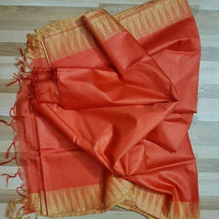 Semi Tussar Silk Handloom Temple Border Bhagalpuri Saree (100174 Burnt_Orange-Natural)
