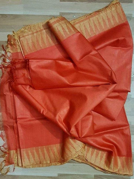 Semi Tussar Silk Handloom Temple Border Bhagalpuri Saree (100174 Burnt_Orange-Natural)