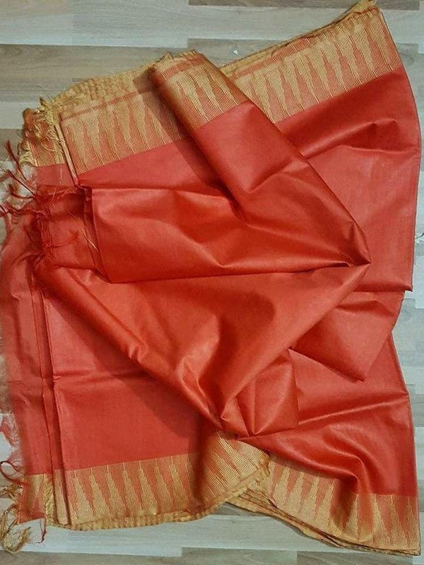 Semi Tussar Silk Handloom Temple Border Bhagalpuri Saree (100174 Burnt_Orange-Natural)