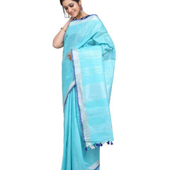 Handloom Linen Cotton Blend Contrast Bhagalpuri Saree for Women (Cyan-Blue)