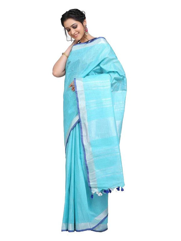 Handloom Linen Cotton Blend Contrast Bhagalpuri Saree for Women (Cyan-Blue)
