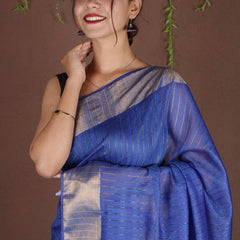 Blue Sequins Bhagalpuri Silk Handloom Striped Saree - View 3